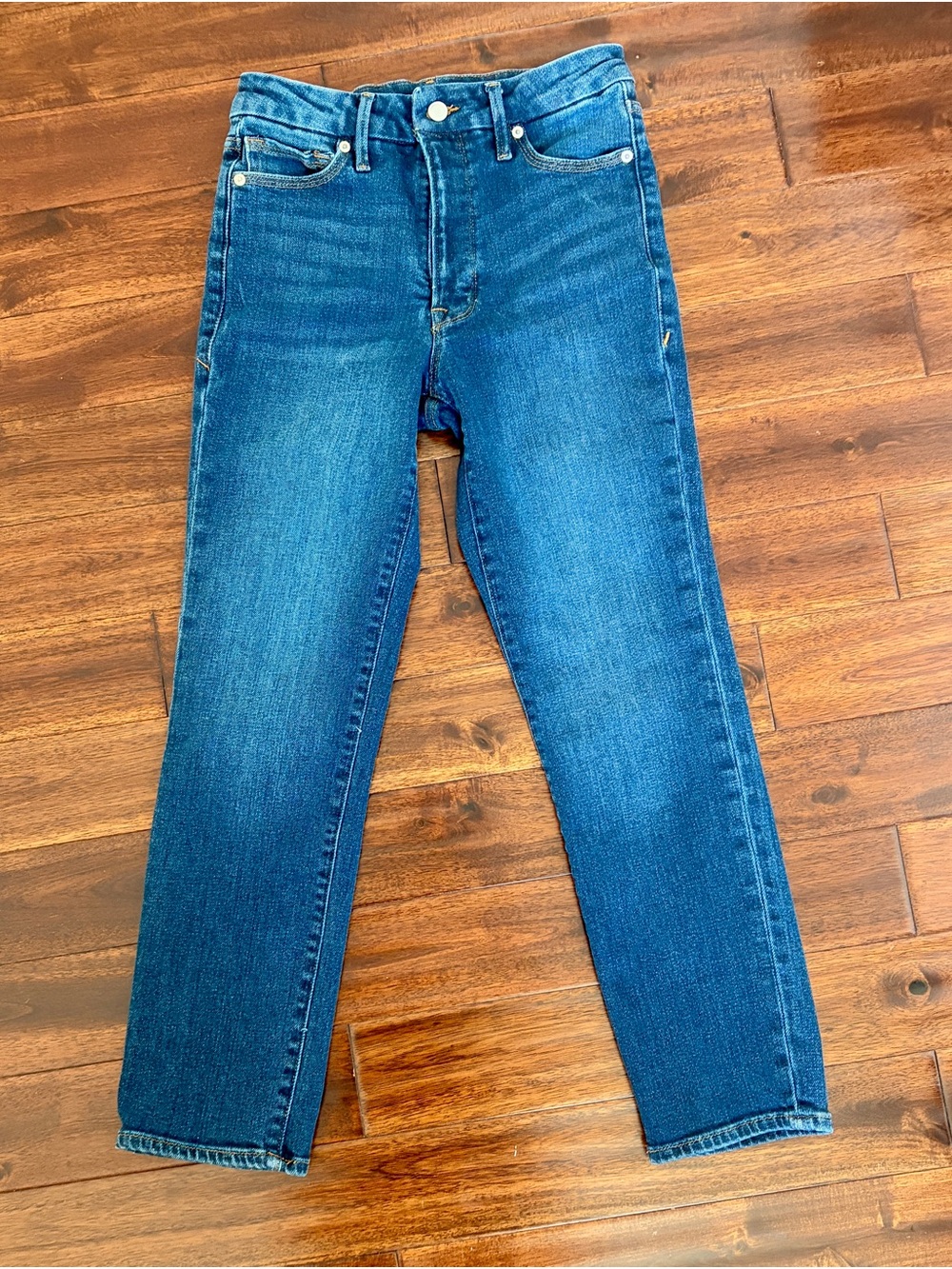 Good American High-Rise Slim Straight Jeans in Deep Blue Denim